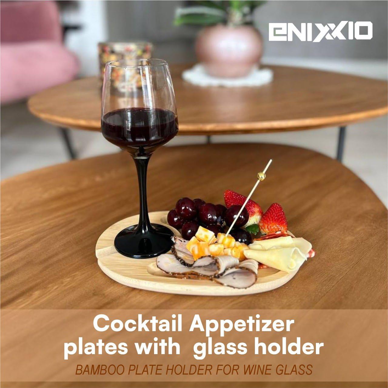 ENIXXIO 4 PCS Wine Appetizer Plates for Wine & Cheese Parties – Individual Mini Charcuterie Boards with Wine Glass Topper Appetizer Plates, Cheese Board with Wine Holder and 100 Bamboo Picks