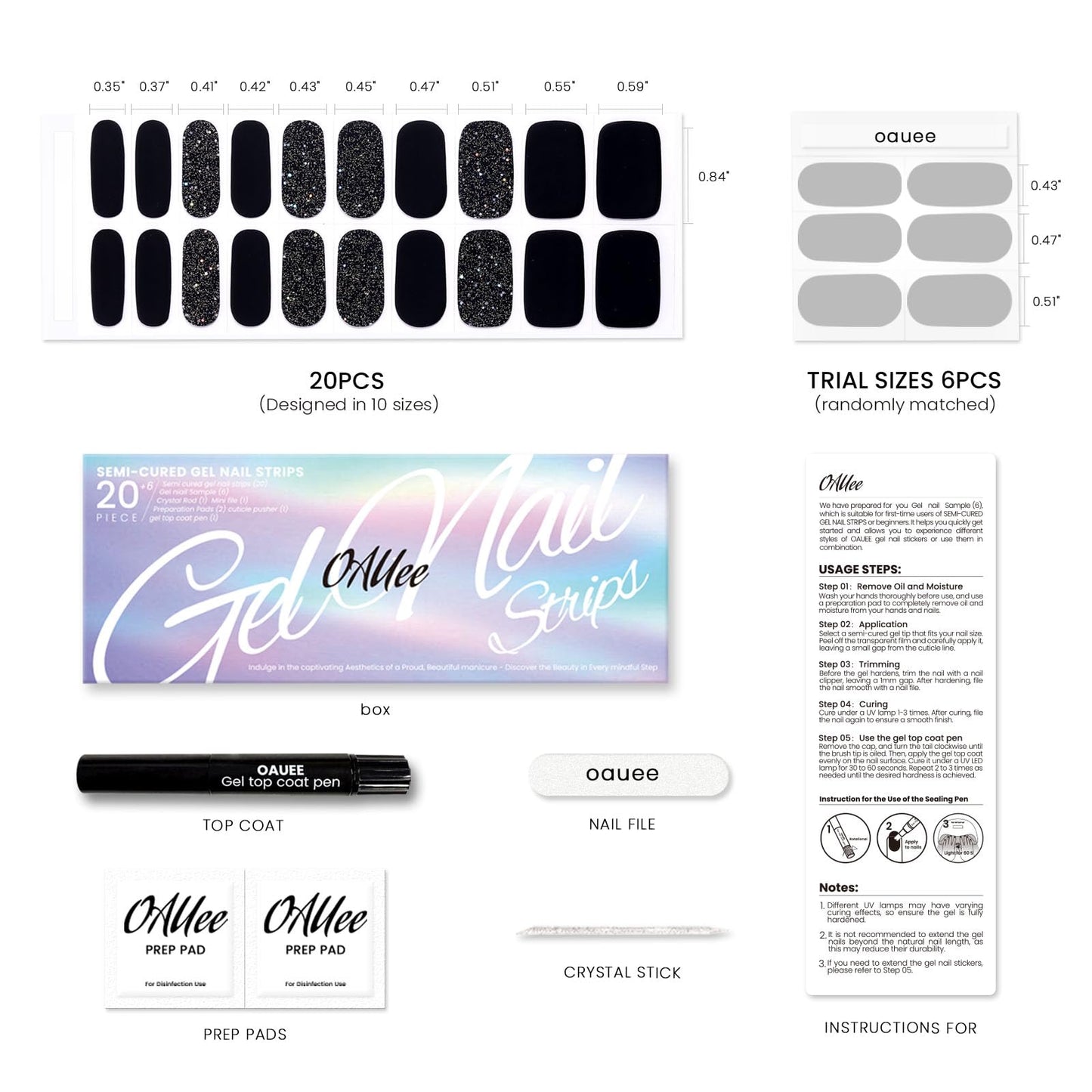Oauee Semi Cured Gel Nail Strips | Built-In Gel Top Coat | UV Light Required | Salon Quality, Easy Application And Removal (Black Sparkle)