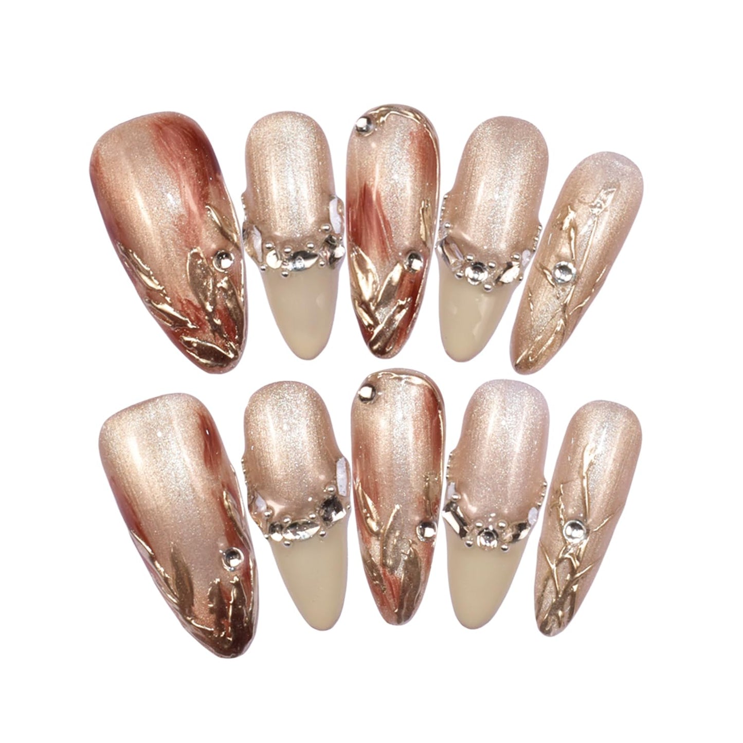 LIFOOST Handmade Nails Press On Long French Style Giltter Cat Eye False Nail Tips with Bright Crystal Silver Leaves Design Stick On Nails 10 Pcs, Size Medium