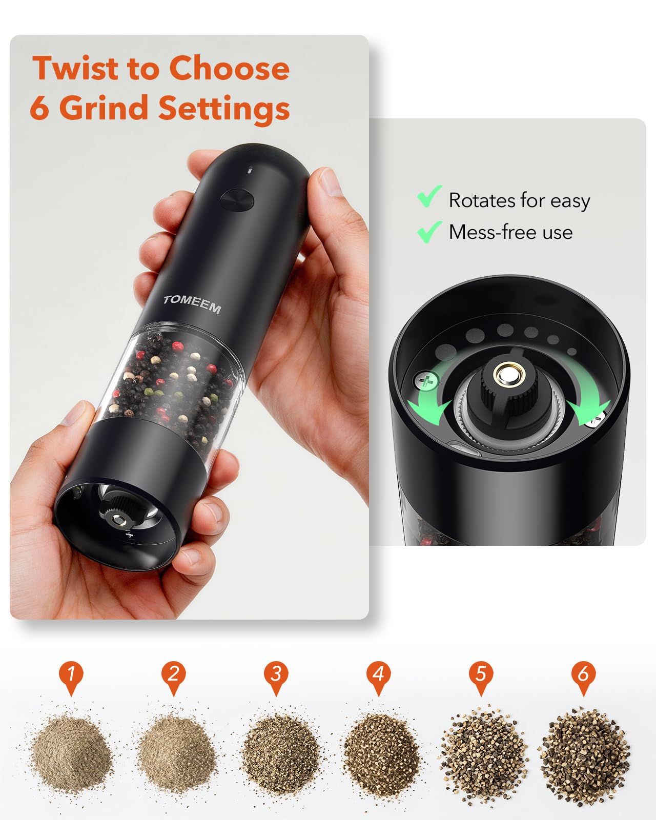 TOMEEM Electric Salt and Pepper Grinder Set with LED Lights，Rechargeable Automatic Pepper and Salt Mill with 6 Adjustable Coarseness, Dust Cover, One-Button Control for Cooking, Home Gifts
