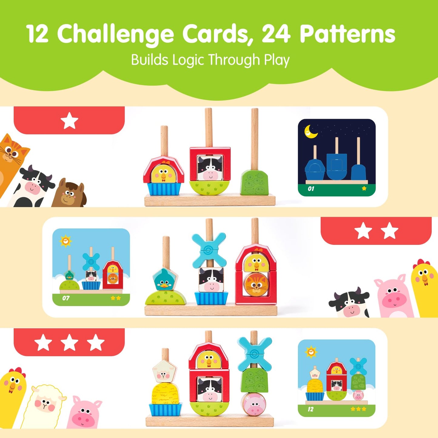 hahaland Montessori Wooden Brain Building Block for Toddler 1-3 Stacking Toy Day & Night Puzzle Game with 24 Challenges Toddler Lacing Stringing Beads for Ages 1 2 3 Preschool Learning Activities