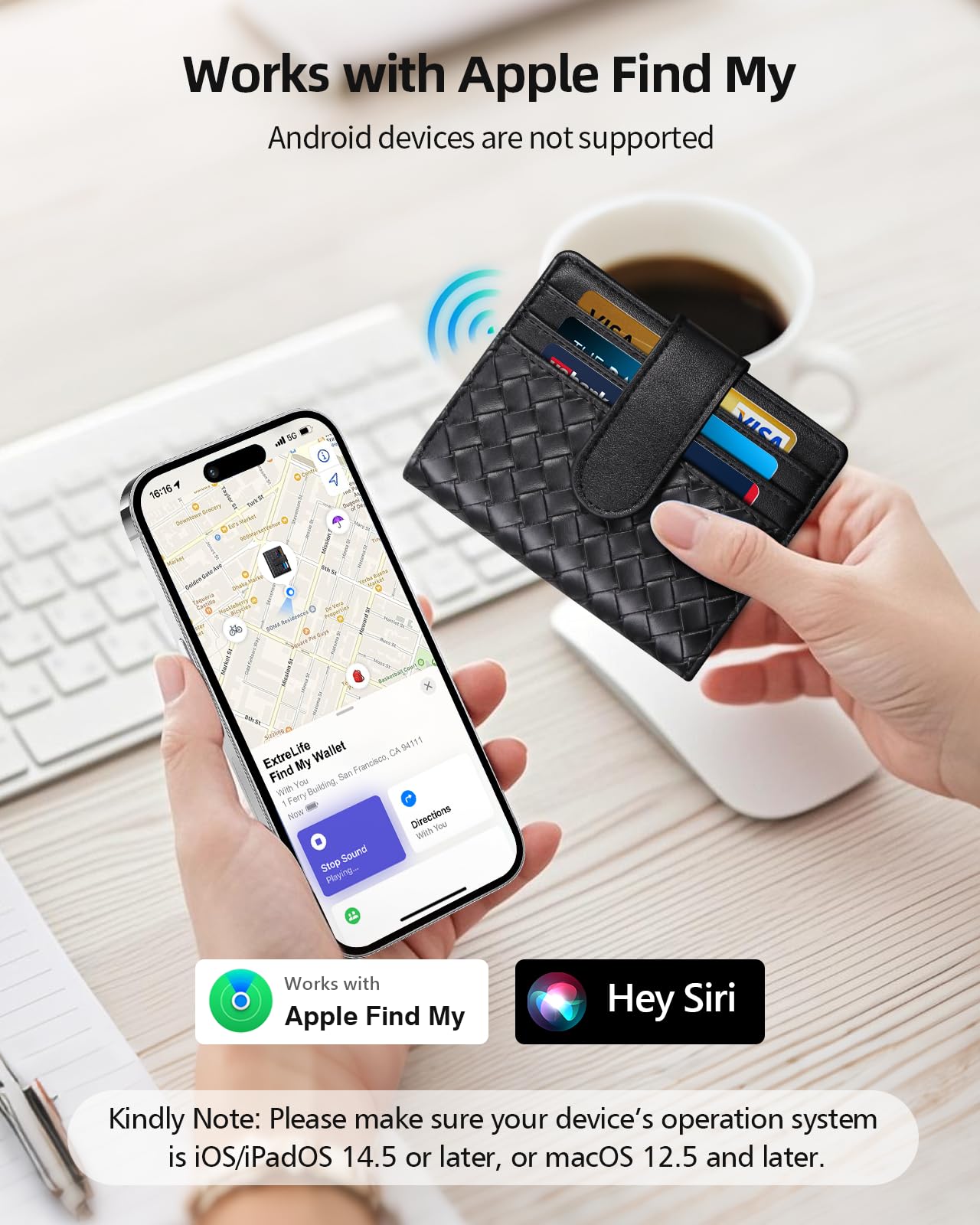 Smart Women Wallet with Find My, Wallet Tracker, RFID Blocking Bifold Credit Card Holder, Left-Behind Alerts, Play Sound, Anti-Loss, Wireless Rechargeable, Works with iPhone, iPad, Mac, Black