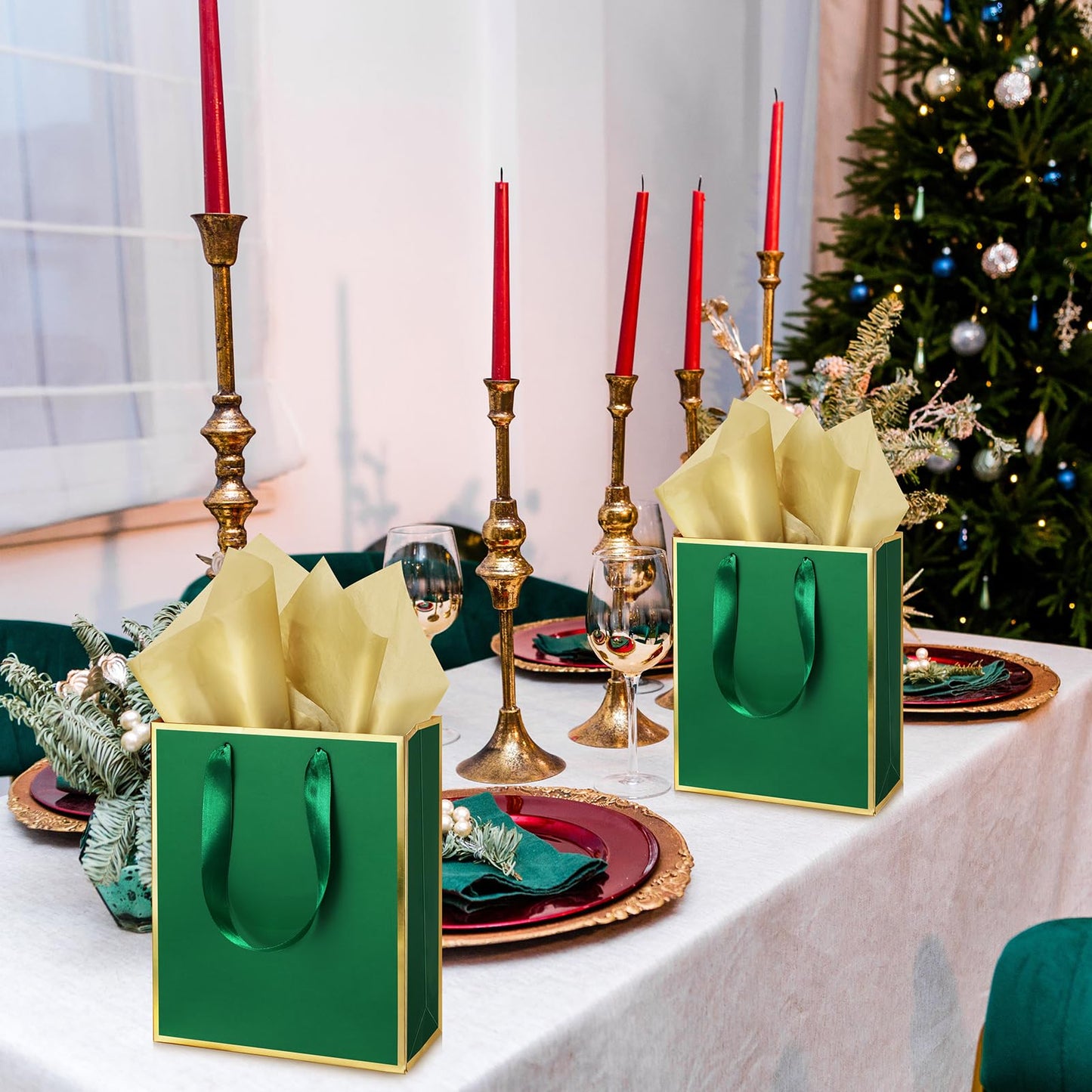 Yeaqee 24 Pack Metallic Paper Gift Bags with Handle and Tissue 9x7x3.1 Gold Foil Welcome Thank You Favor Bags Return Gifts for Wedding Mothers Graduation Bridesmaid Birthday(Green Gold)