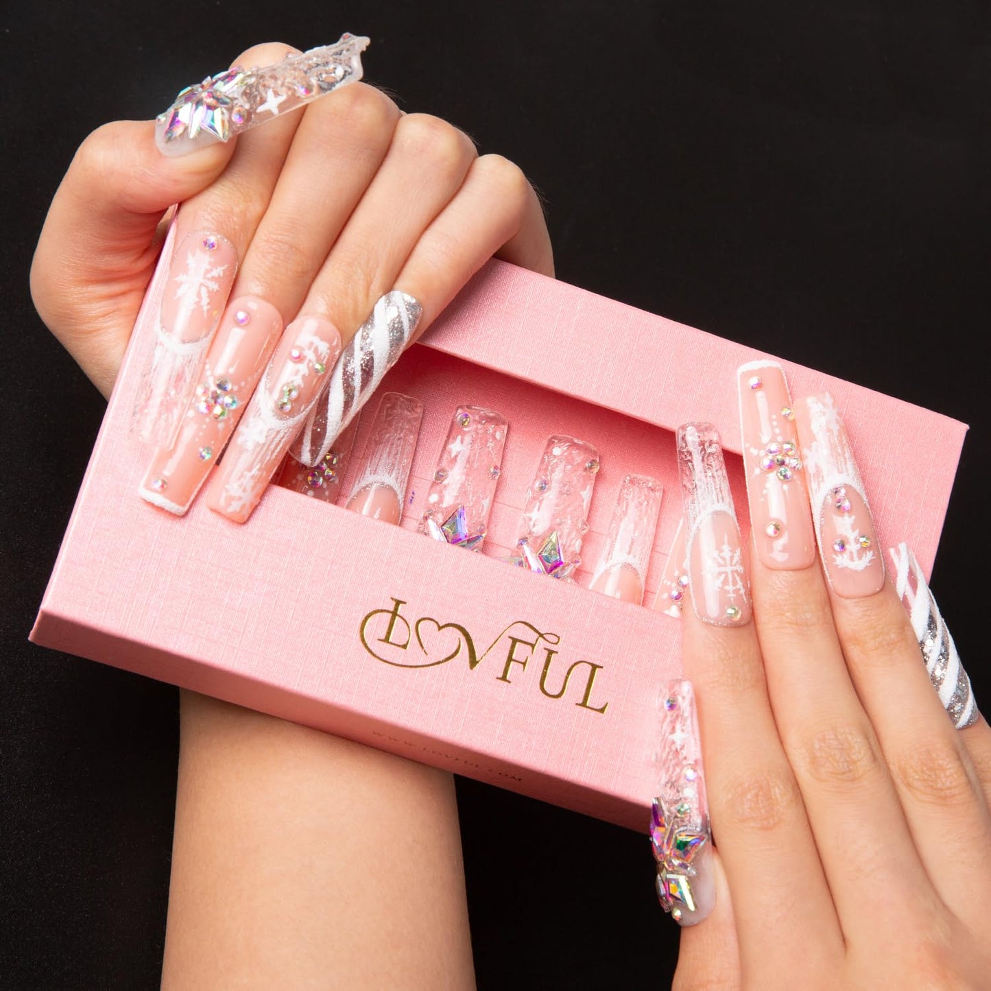 LOVFUL Press on Nails Snowy Moonlight| Handmade with Full Covered Crystals | Reusable Fake Nails | Square Mid Length 1.7 in | H142-M