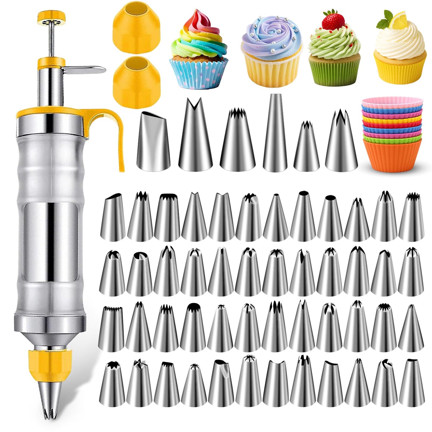 NOVANO Dessert Decorating Syringe Set, Frosting Piping Kit Stainless Steel Cake Decorating Kit with 54 Piping Tips & 9 Silicone Cupcakes, Yellow