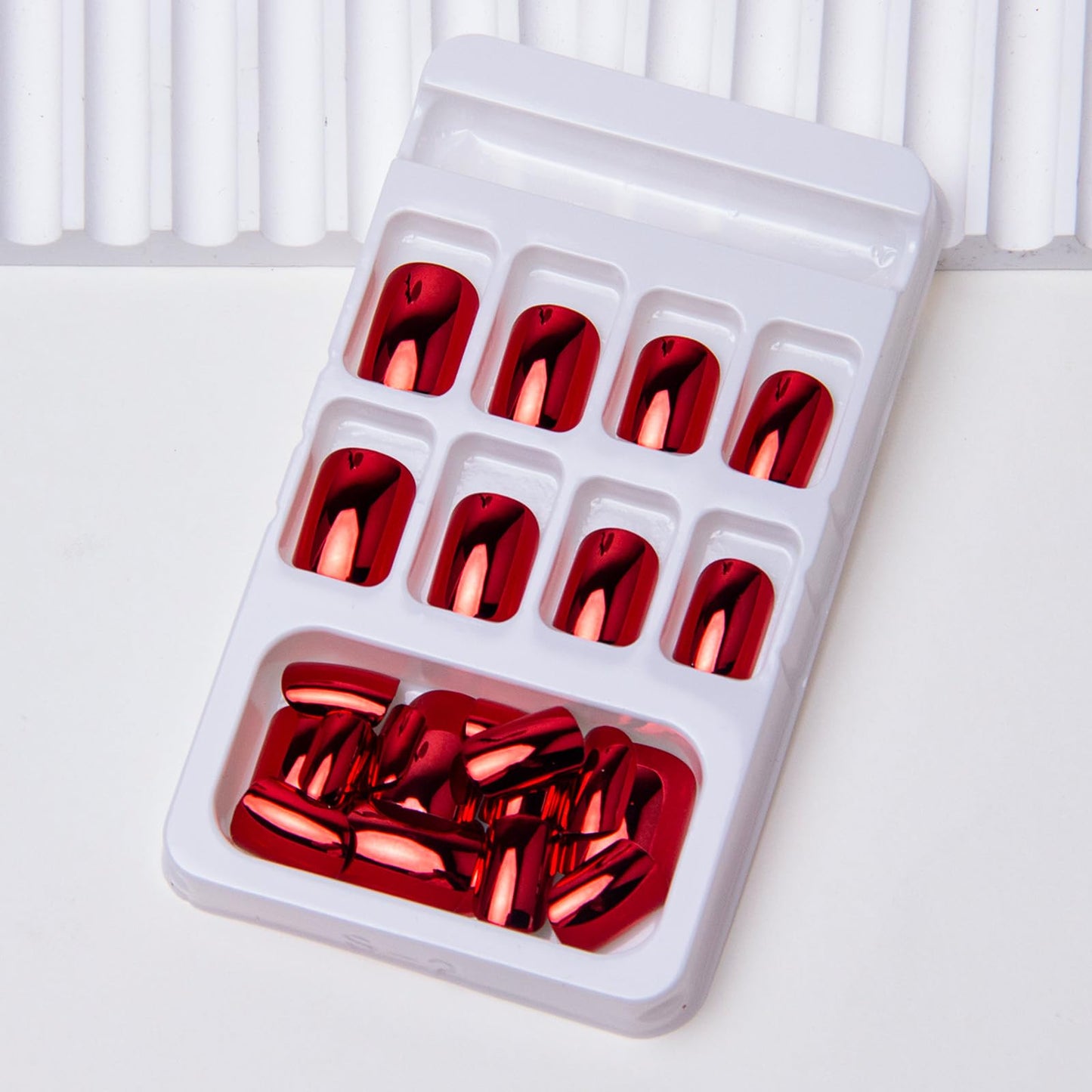 Red Press on Nails Short Square Fake Nails Mirror Chrome False Nails Shiny Glossy Acrylic Nails Wine Red Artificial Nails Press ons Metal Glue on Nails for Women Girls Manicure Nails Decoration 24Pcs