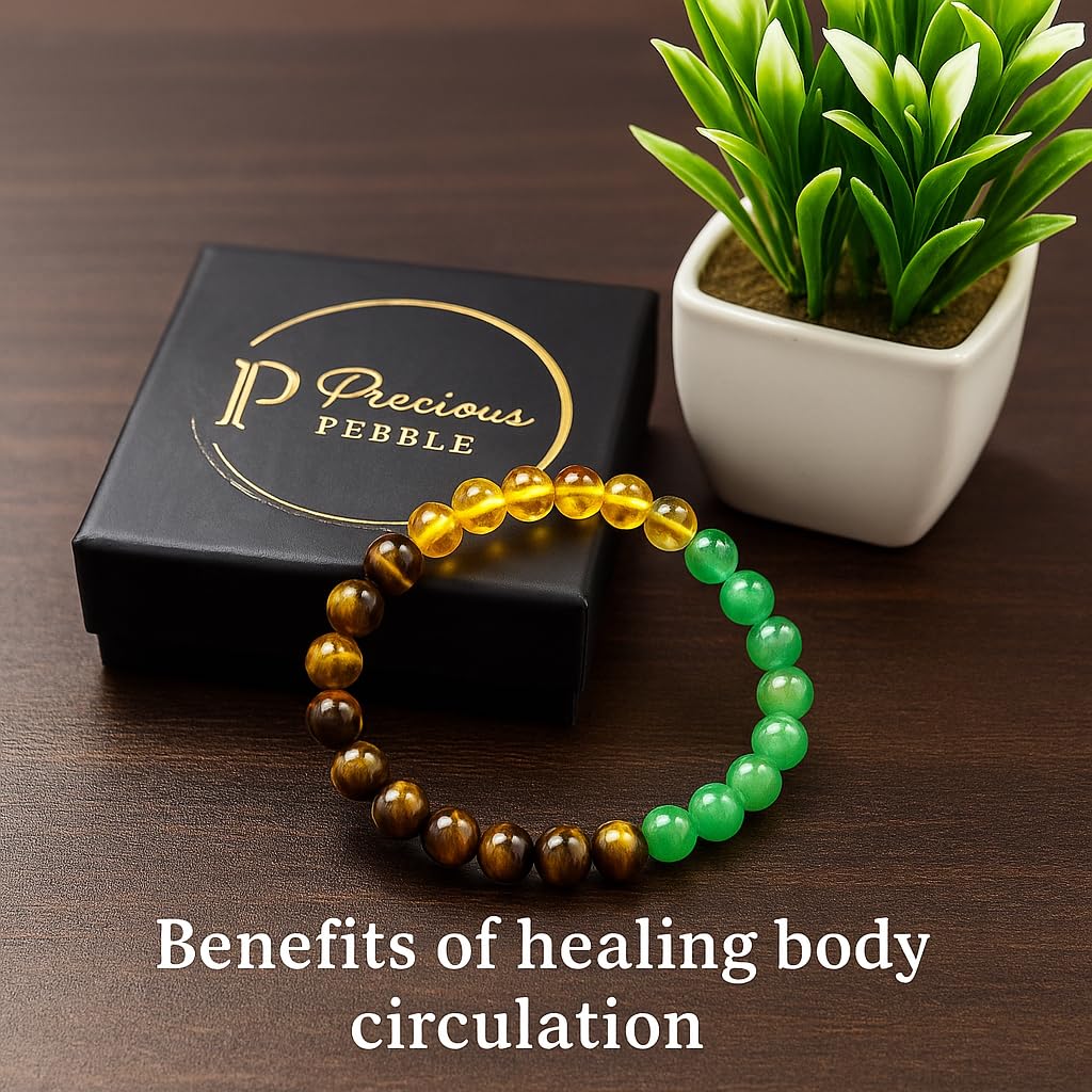 PRECIOUS PEBBLE Wealth & Confidence Bracelet for Men & Women, Natural Pyrite, Green Aventurine, Hematite & Citrine Beads – 8mm Adjustable Stone Bracelets for Focus, Style, Clarity & Everyday Wear