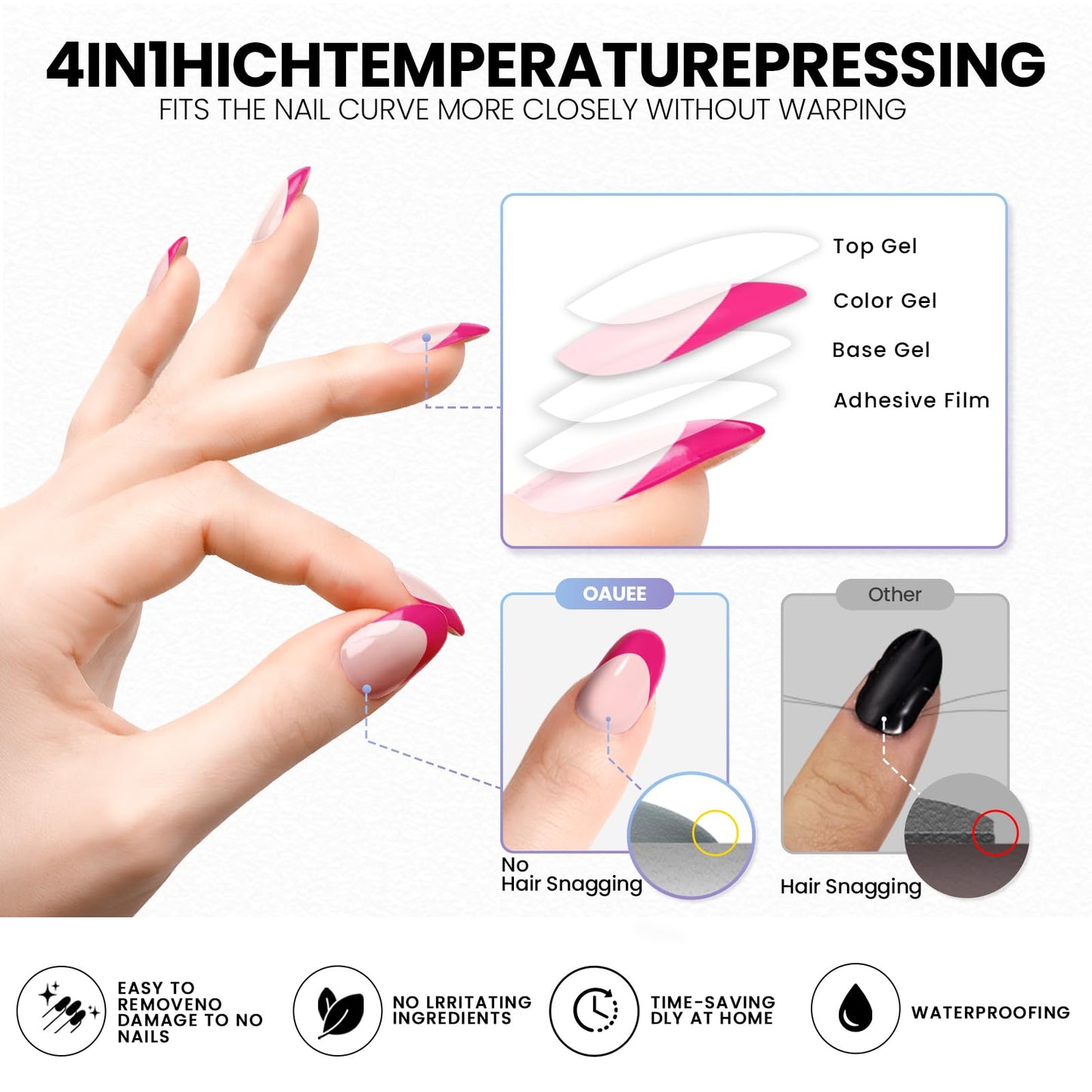 Oauee Semi Cured Gel Nail Strips | Built-In Gel Top Coat | UV Light Required | Salon Quality, Easy Application And Removal (Pink French)