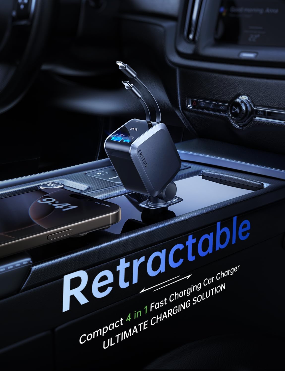 Retractable Car Charger, Car Accessories, 72W Fast Charging USB C Car Charger with 4FT Retractable Cables and 2 Ports, for iPhone 16 15 14 13 12, Samsung etc Warm Grey