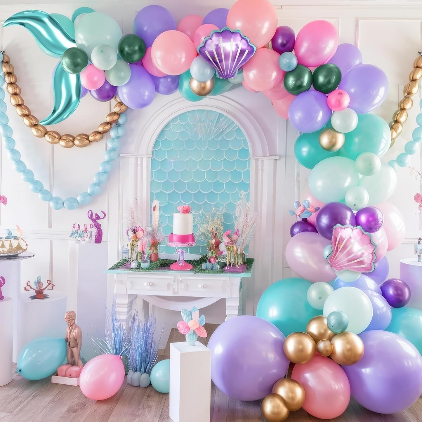 Mermaid Balloon Garland Arch Kit, Pastel Pink Purple Teal Blue Clear Latex Balloons with Mermaid Tail Seashell Foil balloons, for Girls Little mermaid Party Decorations Under the Sea Birthday Supplies