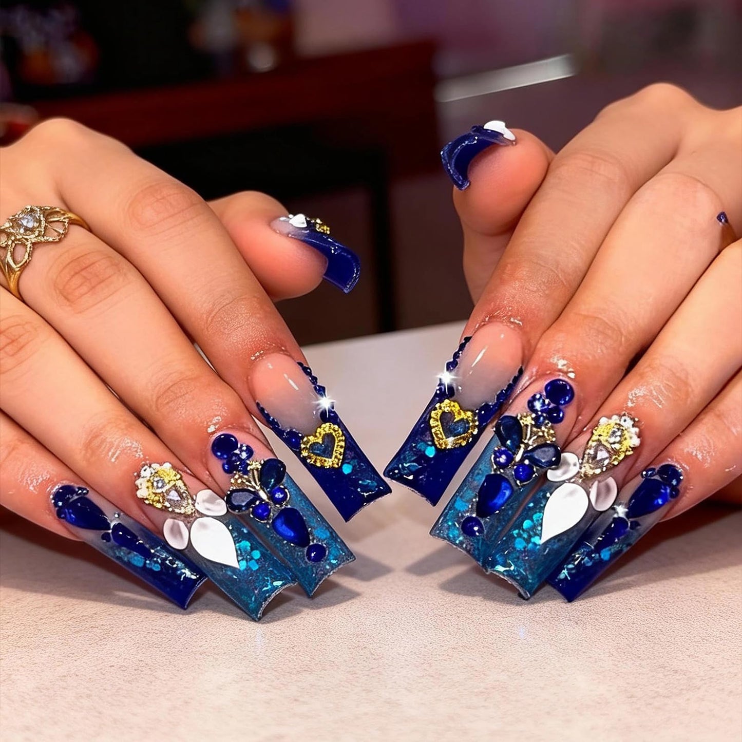 MISUD Press on Nails - Long Square Fake Nails with Royal Blue, Acrylic Bling Glitter Rhinestone Design 24 pcs