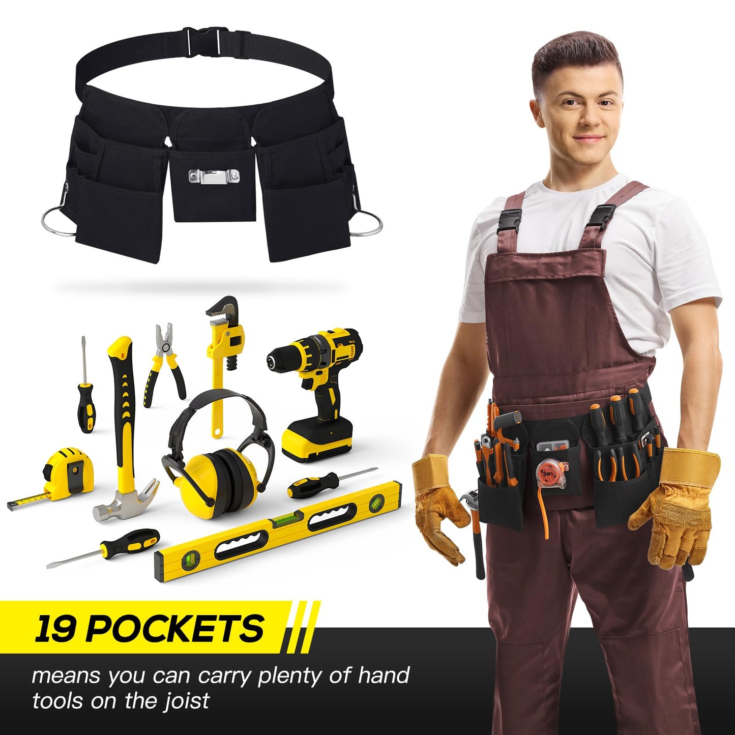 Gifts for Men,19 Pocket Tool Belts with Quick Release Buckle- Heavy Duty Detachable & Adjustable Utility Belt,Work Apron for Men and Women,for Electrician,Carpenter,Construction Tool Belt (Black)