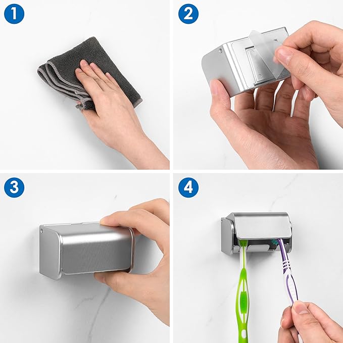 Toothbrush Holder Wall Mounted with Cover for Bathroom, 2 Slots Toothbrush Storage Organizer for Shower, Self Adhesive Toothbrush Hanger Rack for Dorm, Cabinet (Brushed Silver)