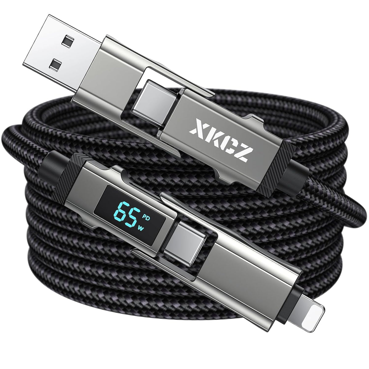 4 in 1 USB C Cable with Wattage Display, 65W Round Nylon Braided Multi Charging Cable with Data Sync, USB C Charging Cord Combo Type C/USB A/iPhone Port for iPhone/iPad/Samsung/Laptop, 5FT