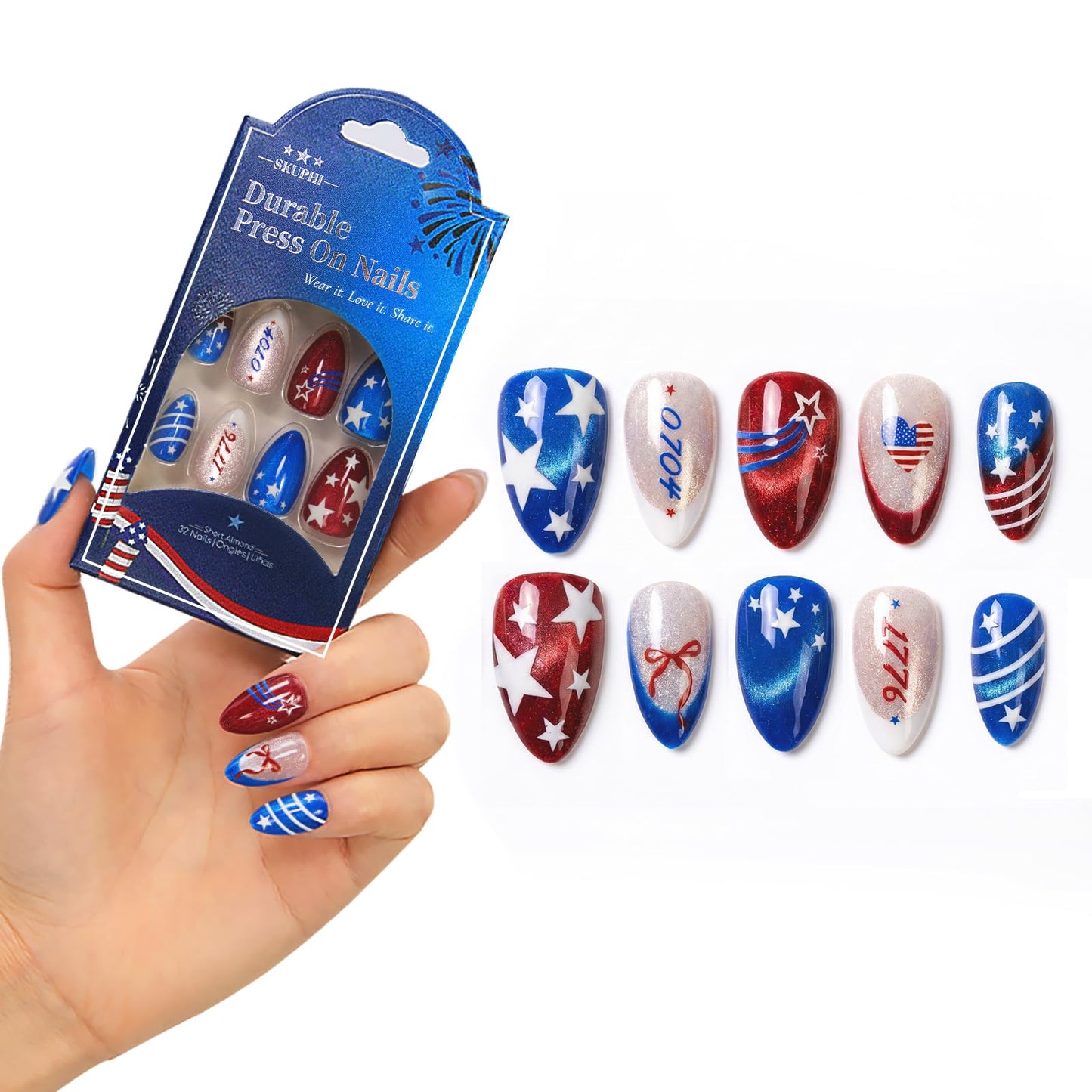 SKUPHI 4th of July Press On Nails, Short Almond Cat Eye Pearl Gloss Finish, Salon Quality Handmade Reusable Stick On False Nails 32 Nail Kit-16 Sizes