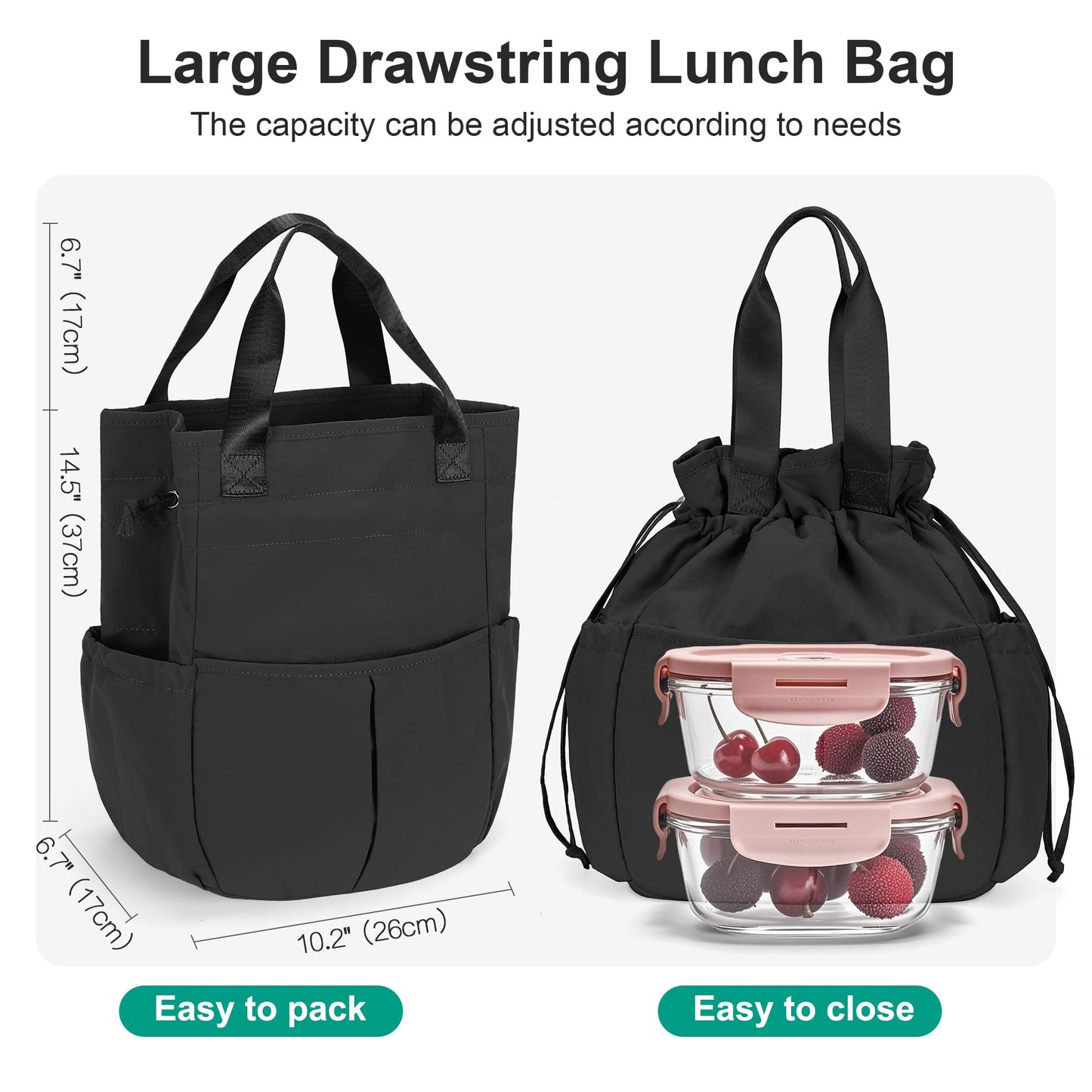Hafmall Large Drawstring Lunch bag Women, Cute Lunch Box Leak-Resistant Lunch Tote for Picnic Work Office, Black