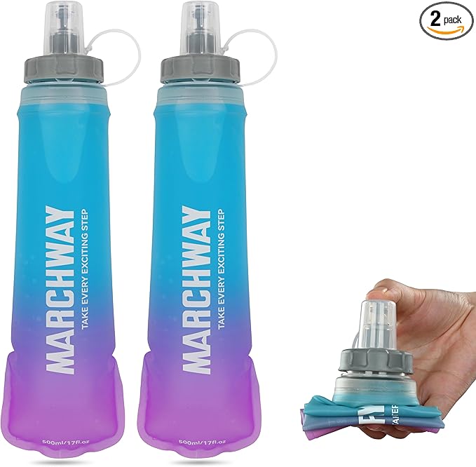 MARCHWAY Soft Hydration Flask with Wide Mouth, 300ml/500ml Collapsible TPU Water Bottle, Leakproof Portable Flexible for Running, Hiking, Cycling, Climbing, Gym, Travel (2pcs Blue-Purple 300ml)