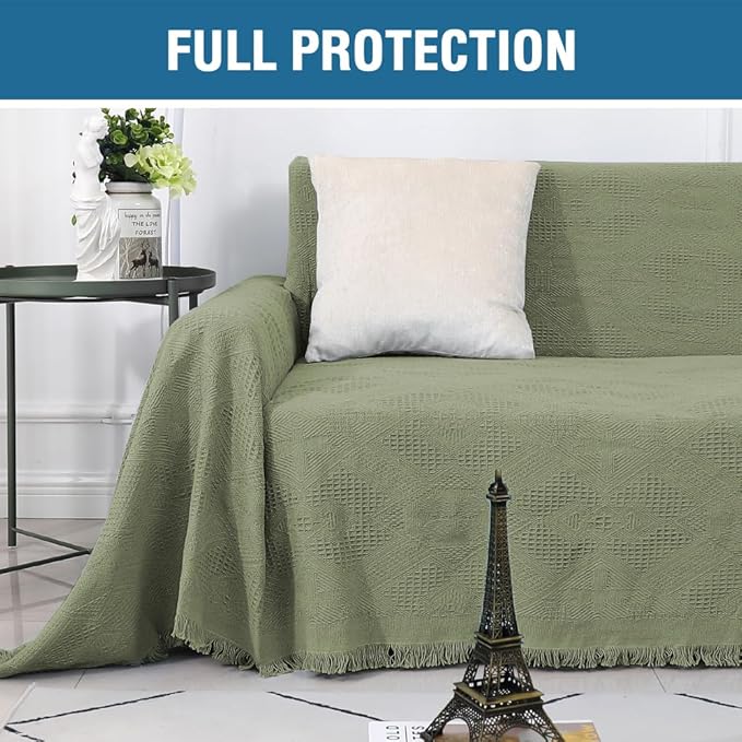H.VERSAILTEX Cotton Sofa Covers Couch Cover Sofa Slipcover for Most Shape Sofas, Feature Thick Woven Jacquard Seamless with Tassels, Multi-Use Decorative for Couch (Large: 71" x 102", Sage)