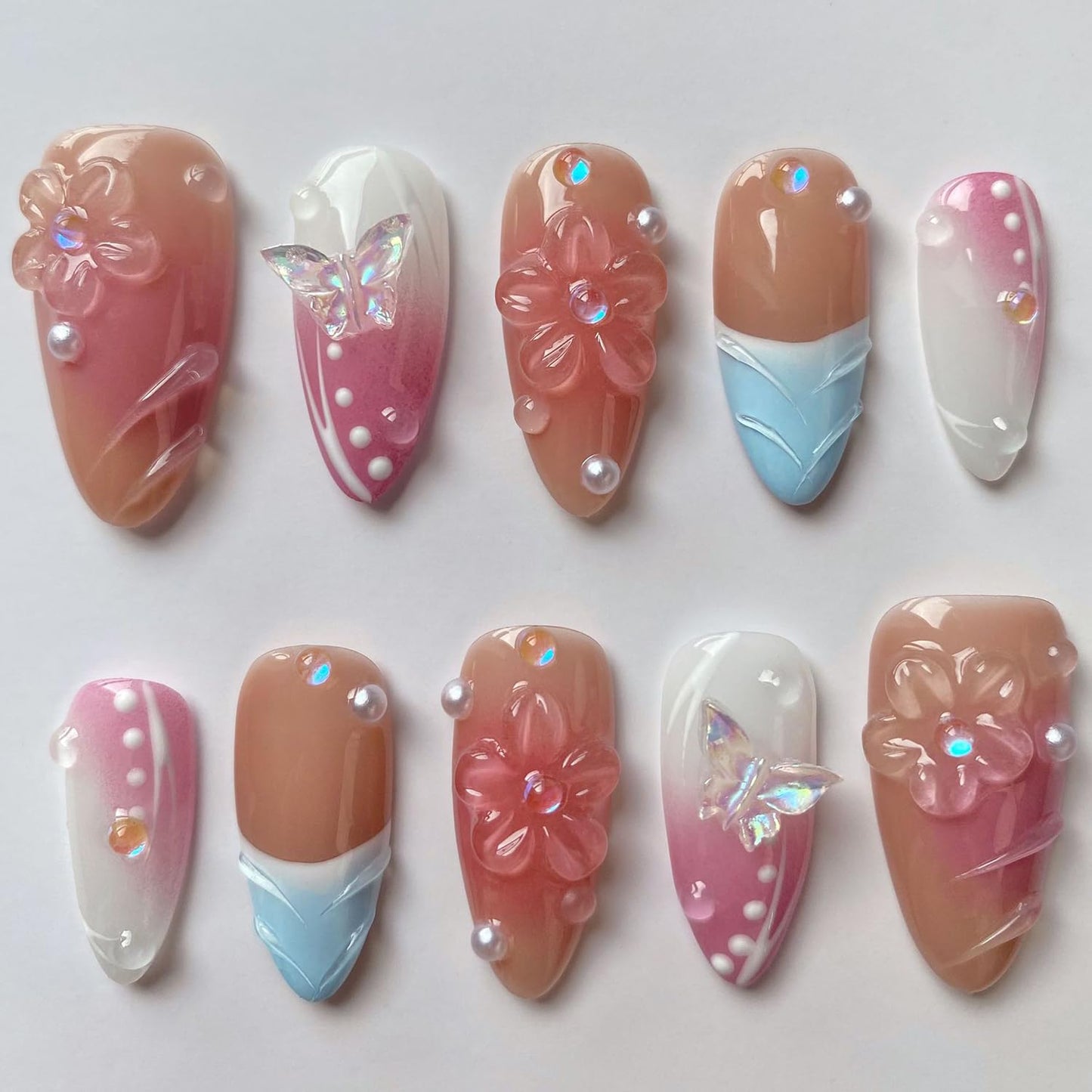 French Press on Nails Handmade Almond Nails Nude Medium Fake Nails with 5D Flower Art & Pear Design Handmade Nail Acrylic Nature False Nails for Wome (Size M)