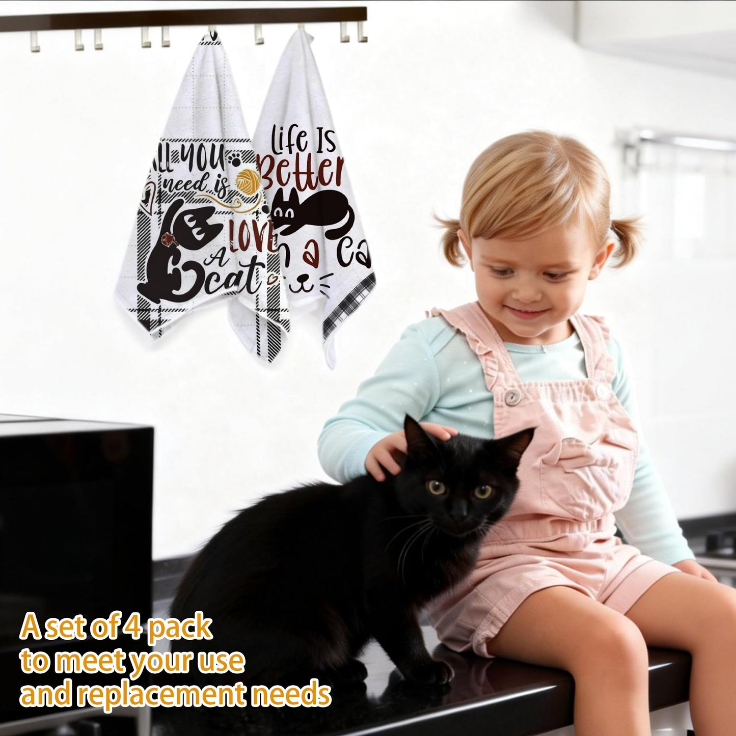 Vetoxka 4 PCS Black Cat Decor Kitchen Towels - Set Quick Drying Cute Hand Tea Dish Towel for Accessories Checkered Funny Saying Kitty Plaid for Cat Lover Home Decorations Bathroom Housewarming Gifts