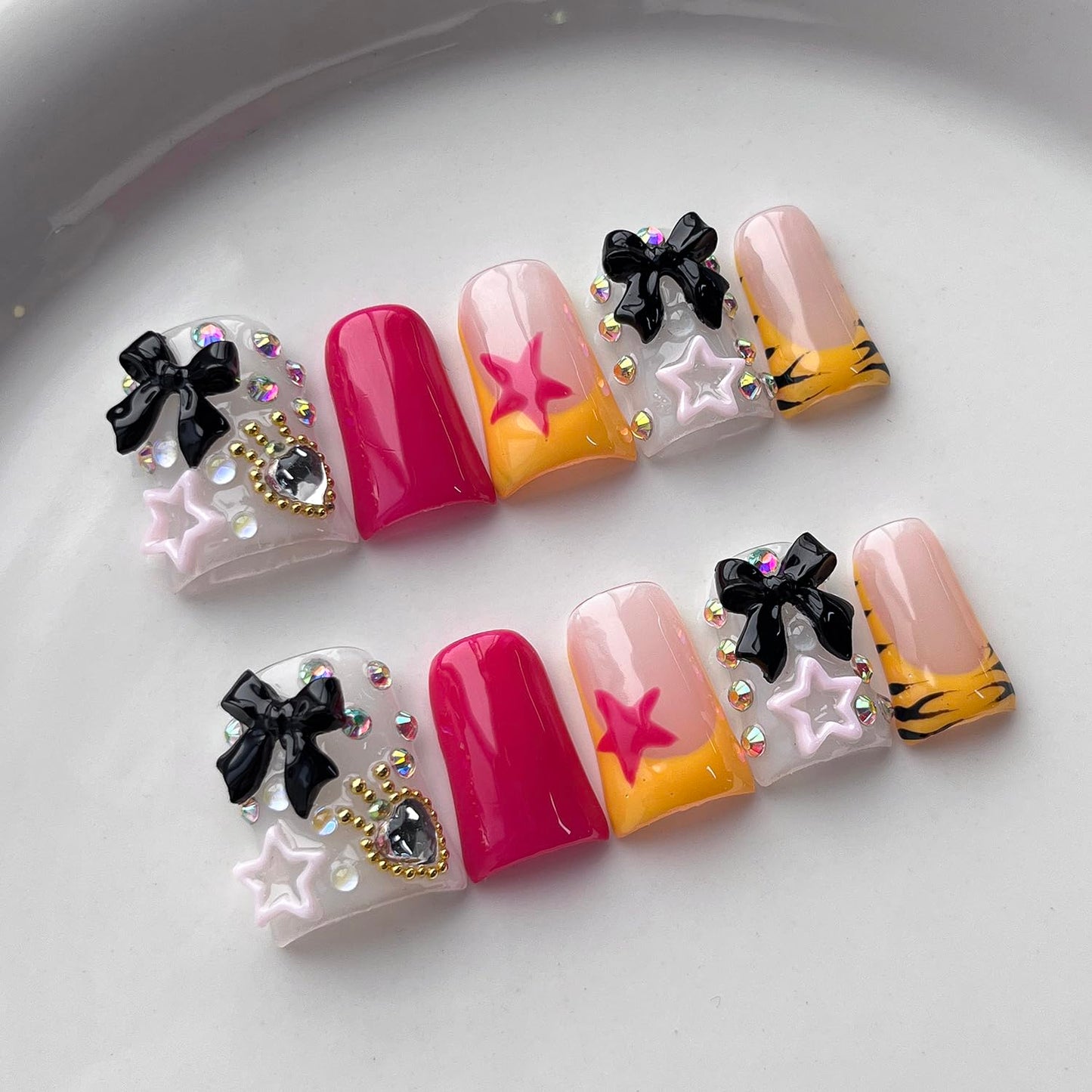French Tip Press on Nails Handmade Short Duck 3D Thick Acrylic Nails Cute False Nails with Bow Stars Rhinestones Zebra Print Designs Kawaii Glossy Fake Nail Sturdy Art Press on Nail 10Pcs(S)