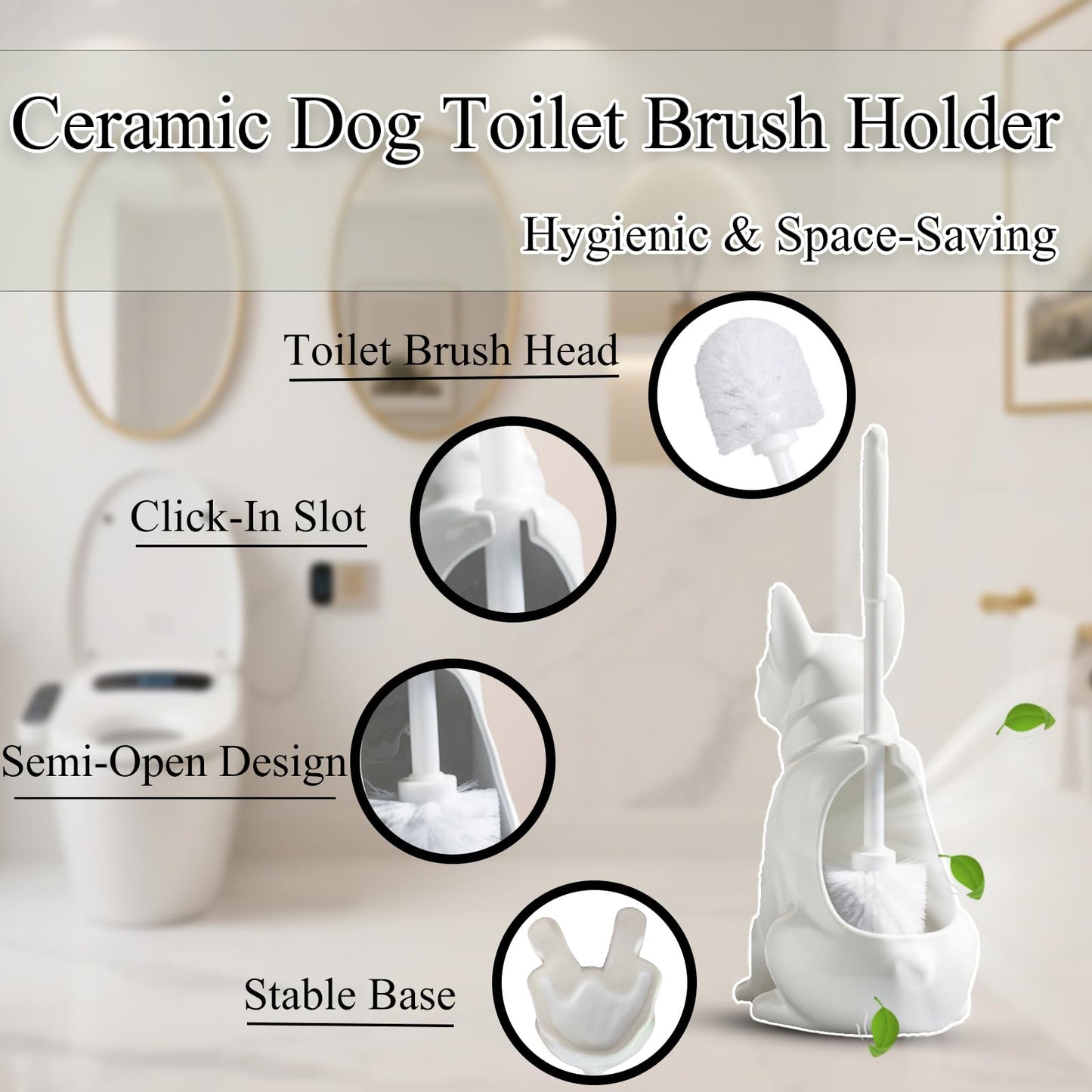 Ceramic French Bulldog Toilet Brush Holder – Cute Bathroom Decor with Hideaway Storage, Space-Saving Design, Premium Ceramic Dog Lover Gift, Includes 2 Durable Scrub Brushes (White)