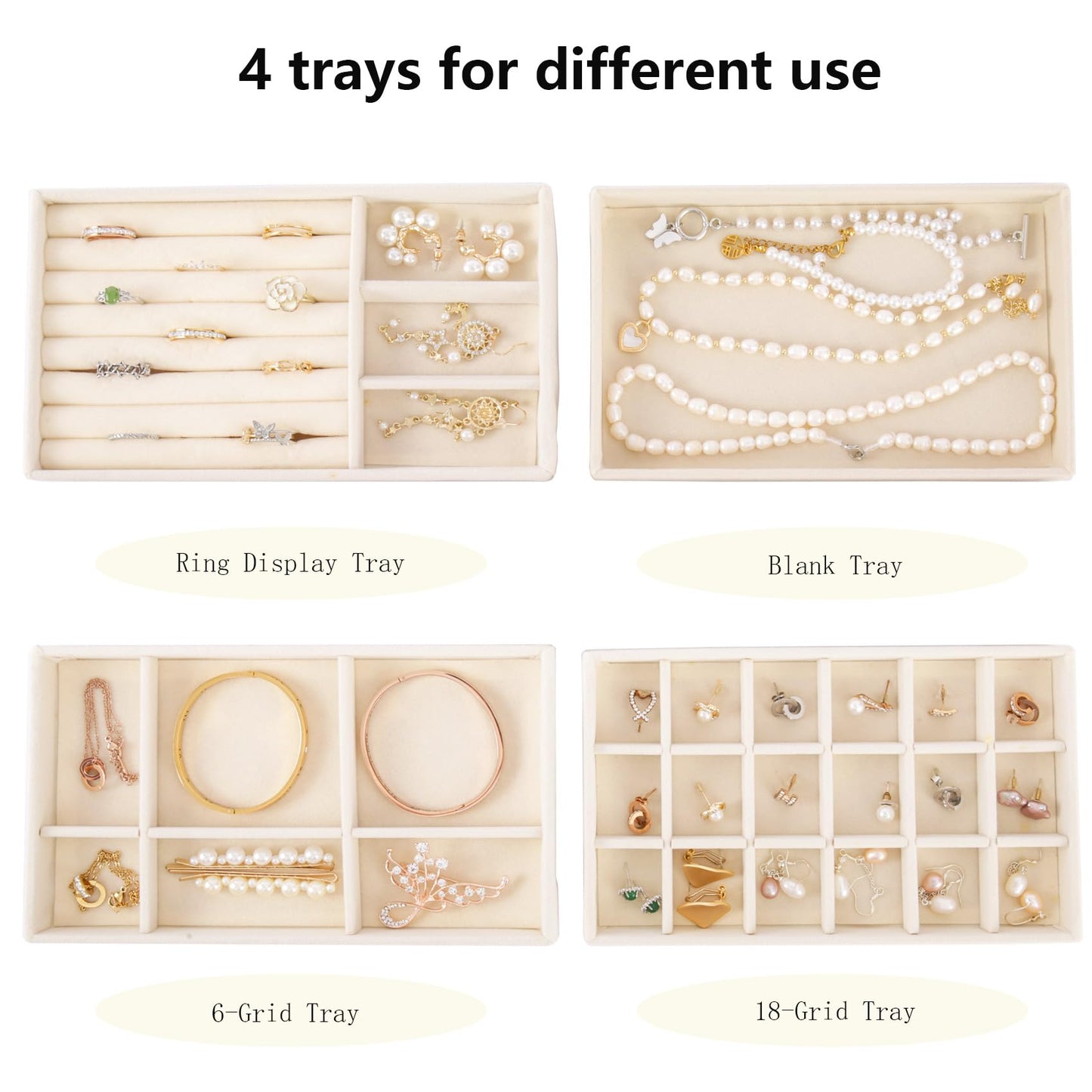 AIRZSNRY Velvet Jewelry Organizer for Drawer, Stackable Jewelry Drawer Inserts in Dresser, 8in Beige Storage Display Case for Rings Stud Necklaces Accessories, Set of 12