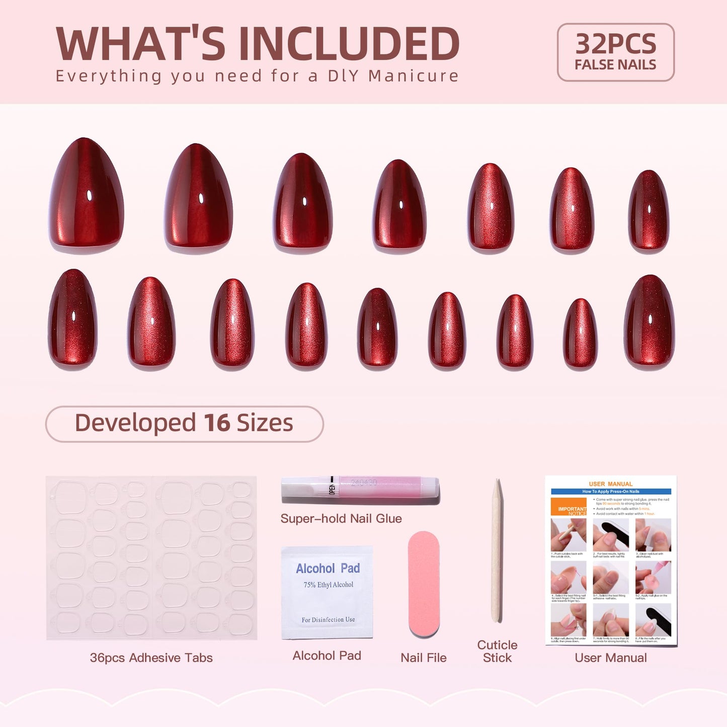 WAFOLOZE Gel Press On Nails - Almond Short Fake Nails with Glue, 16 Sizes - 32Pcs Reusable Soft Gel False Nails Tips Kit, Deep Red