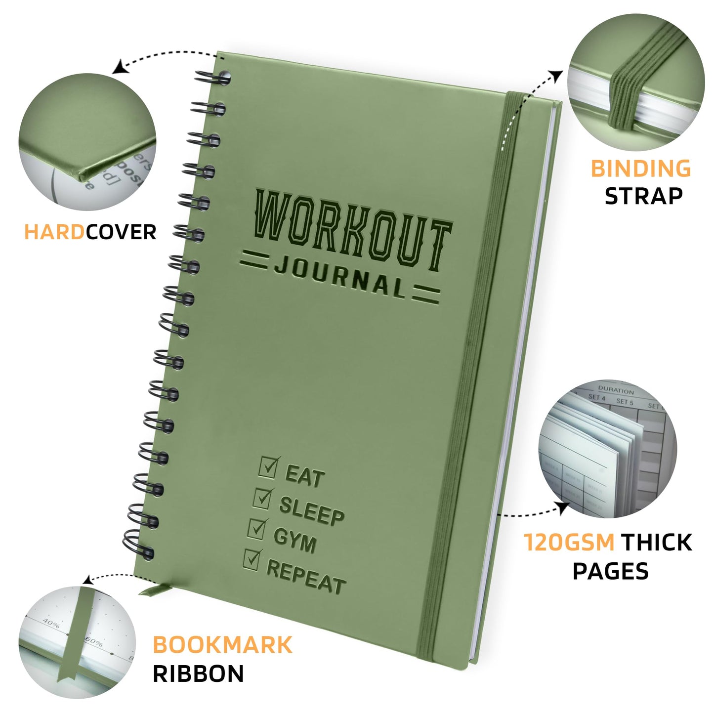 Nextnoid Hardcover Fitness Journal Workout Planner for Men & Women - A5 Sturdy Workout Log Book to Track Gym & Home Workouts - Green