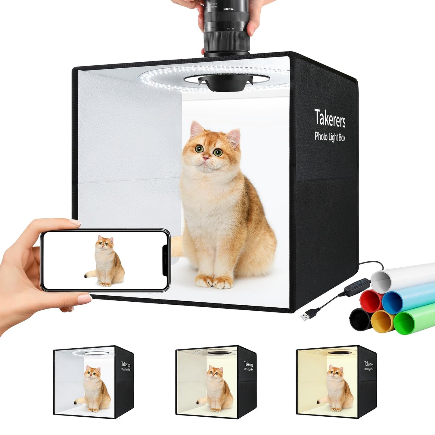 Takerers 16"x16"x16" Photo Studio Light Box Photography Booth with 120 LEDs, 3000-5700k Adjustable, 6 Color Backdrops, Dimmable Folding Shooting Tents for Product