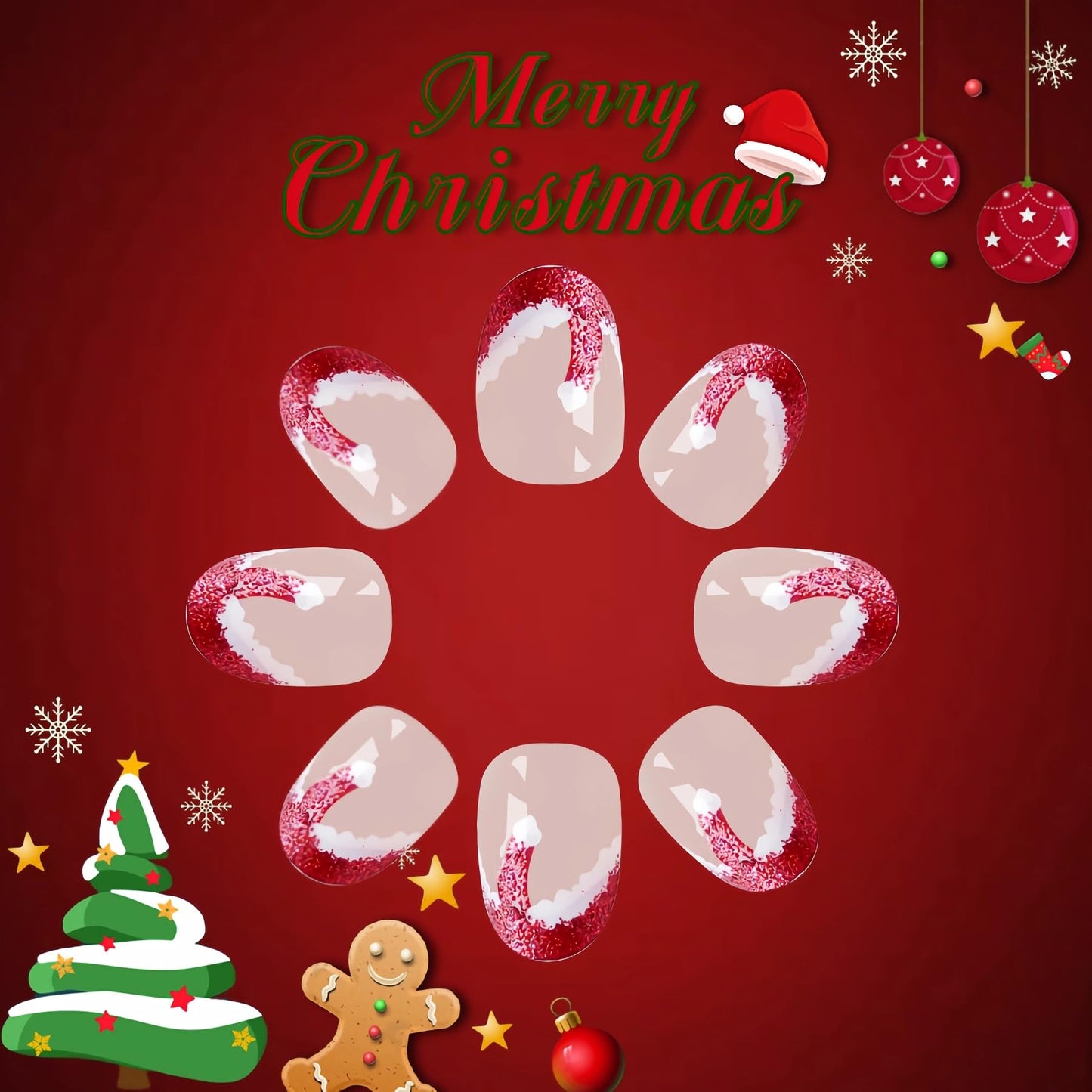 BABALAL Christmas Press on Nails Short Almond Fake Nails Red French Tip Glue ons Nails Christmas Hat Design Acrylic Nails 24Pcs Stiletto False Nails Xmas Bling Stick on Nails