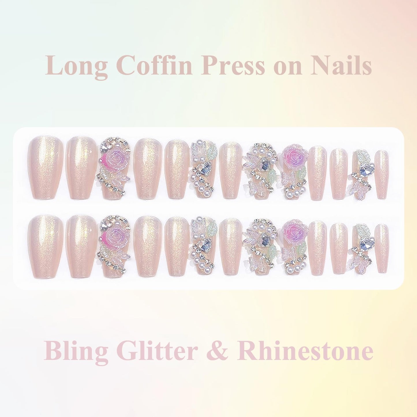 MISUD Press on Nails - Long Coffin Fake Nails with Pink Flower, Acrylic Handmade Pearl Rhinestone Design 24 pcs