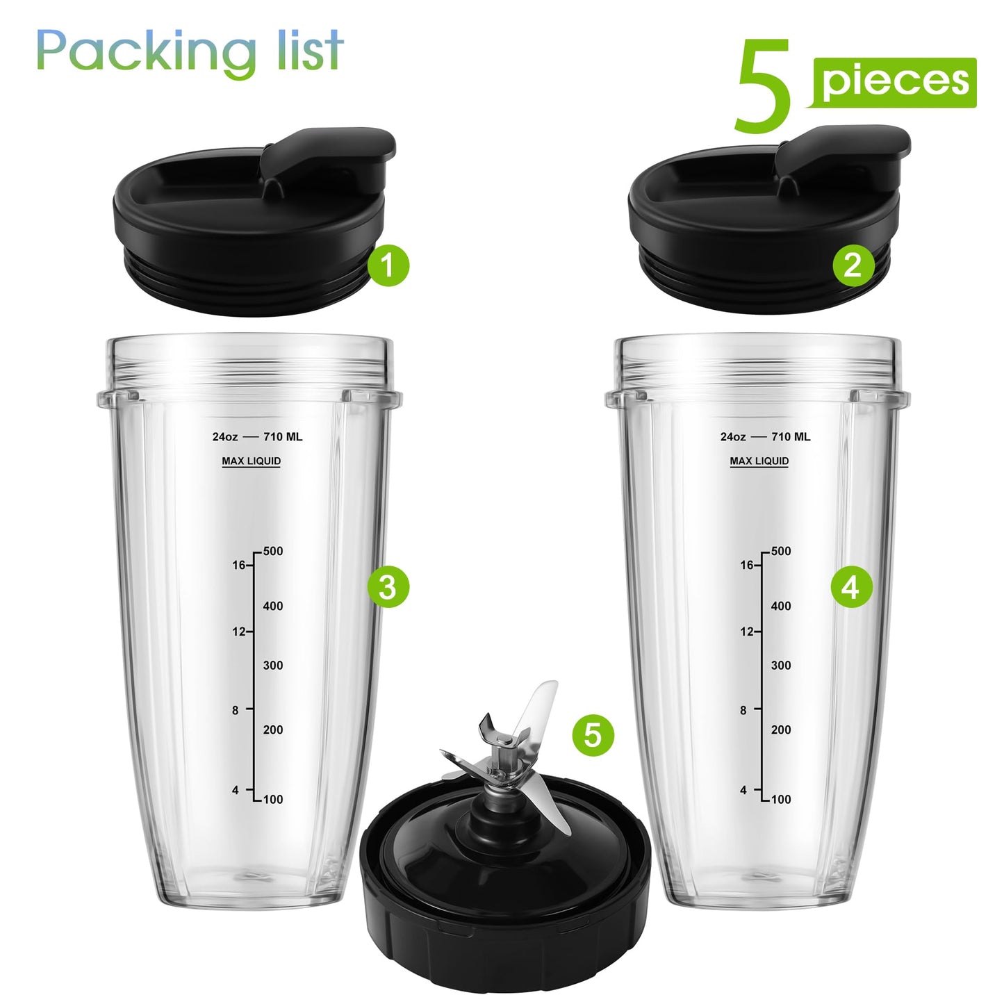 Blender Replacement Parts for Ninja, 24oz Ninja Blender Cups with To-Go Lids, 7 Fins Extractor Blade, Compatible with Nutri Ninja Auto iQ Blenders BL2012 BN801 BL480-30 BL640-30 BL642-30 NN100-30