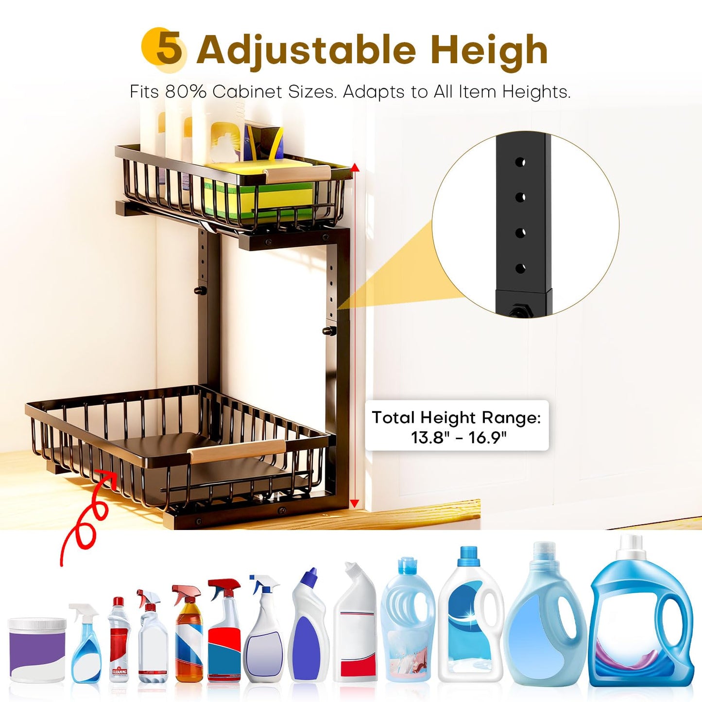 ZELOREA Under Sink Organizer, Heavy-Duty & Rust-Resistant Carbon Steel Metal, 2 Tier Pull Out Under Bathroom Sink Storage, Adjustable Height (13.8" -16.9"), Organizer for Kitchen Cabinet(2PCS,Black)