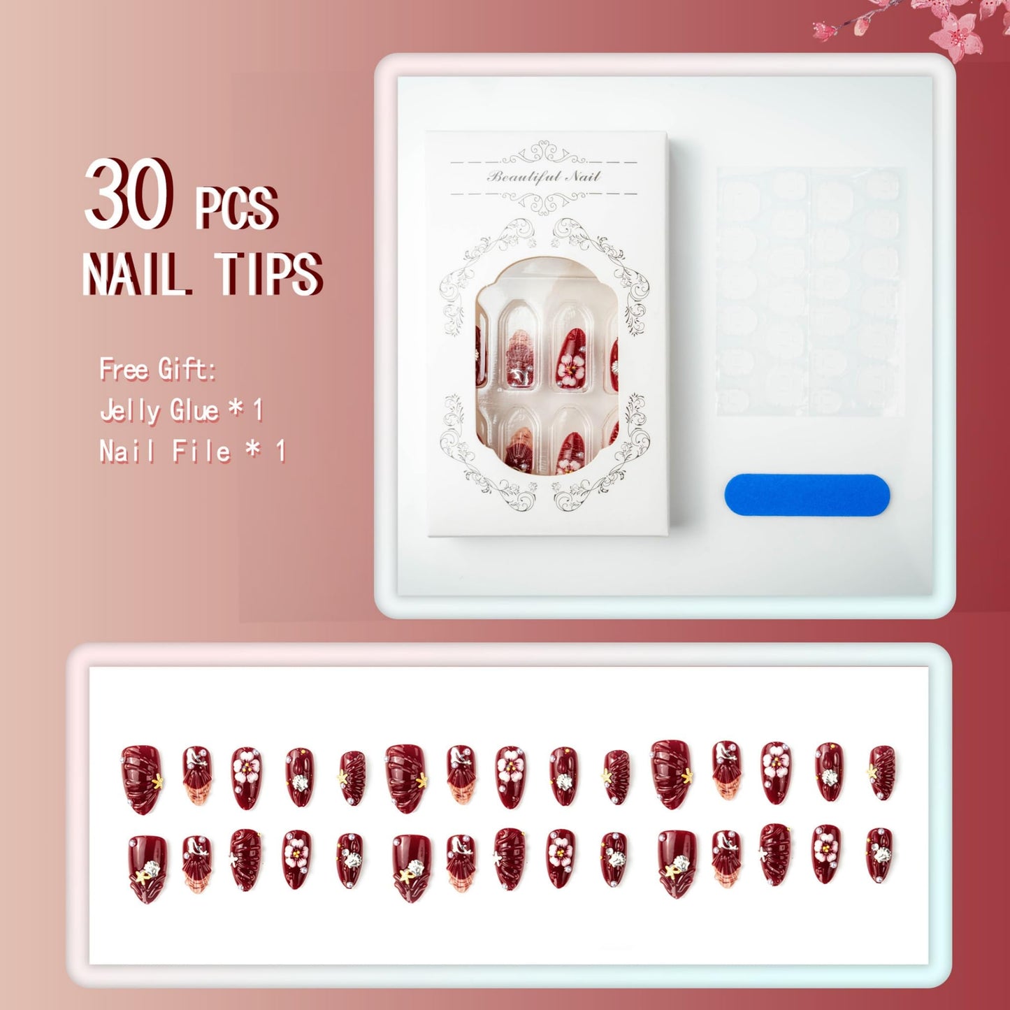 Almond Press on Nails Medium Fake Nails Brown Artificial Nail Seeneey 3D Flowers Pearl Gold Charm Designs Beach Stick on Nail for Women 30pcs