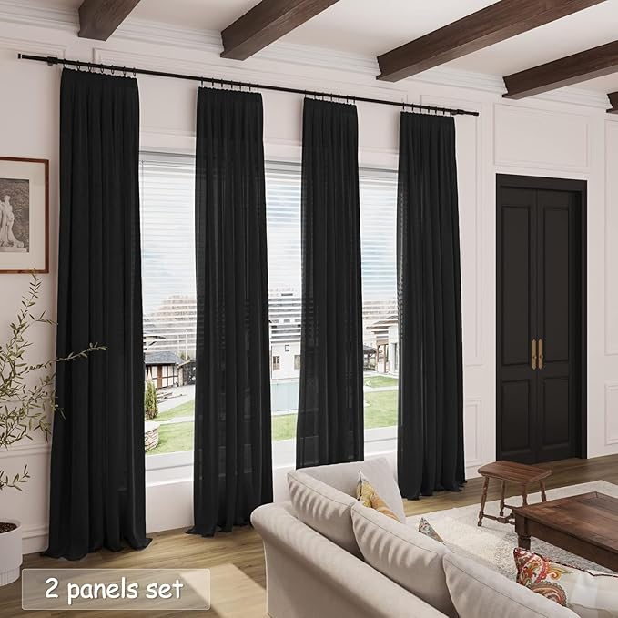 Nanspring Black Curtains 95 Inches Long 2 Panel Set Back Tab Sheer Black Linen Curtain Modern Farmhouse Muslin Look Cotton Textured Gauze Drapes 95 inch Length for Patio Sliding Door Office Bedroom