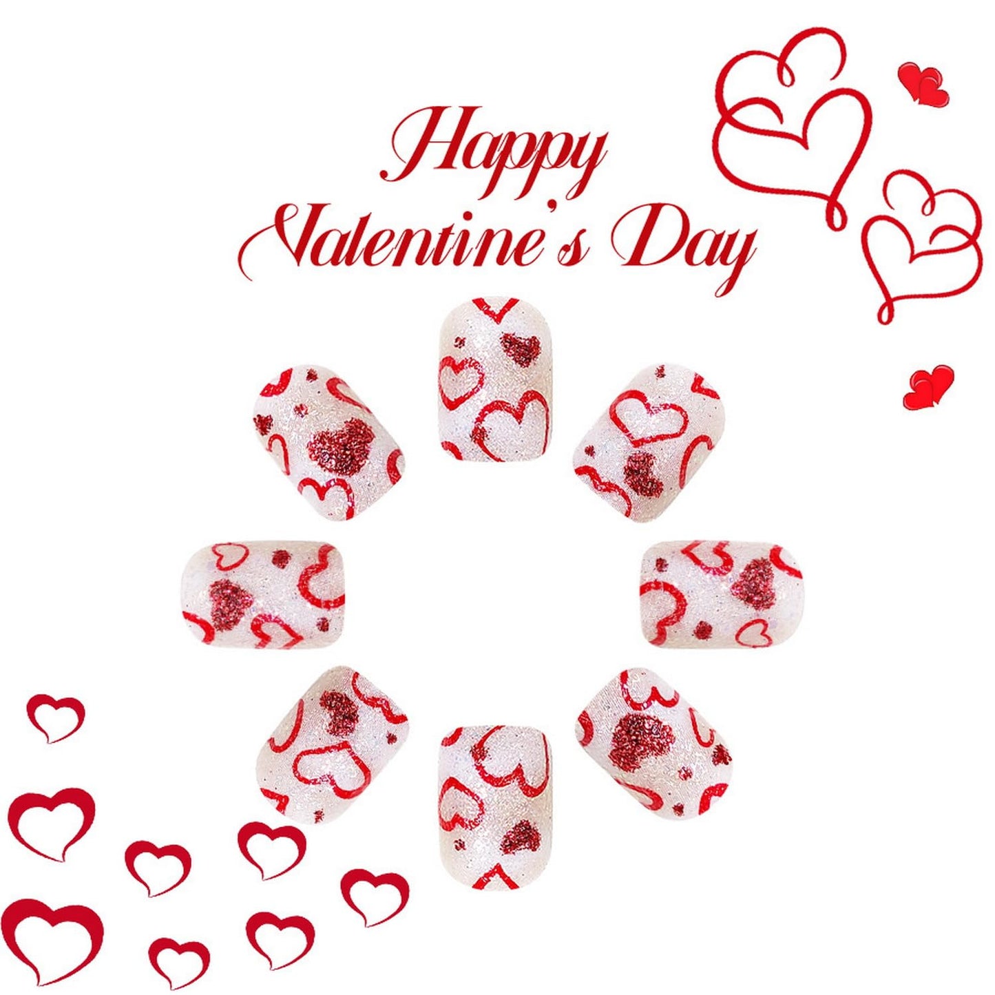 24 Pcs Valentines Nails - Press On, Short Square Heart, Full Cover, Glitter Design, Acrylic, Red, False Nails - Glue On, DIY Manicure