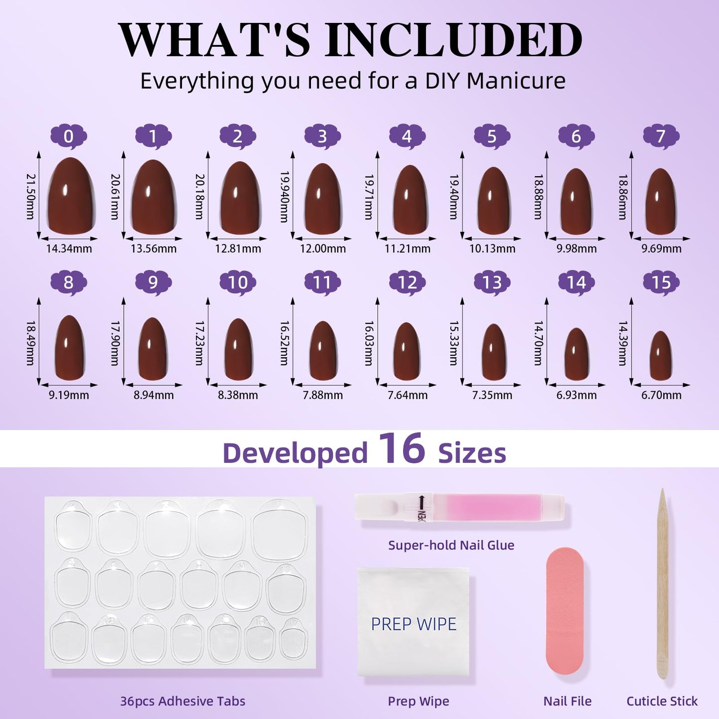 Brown Press On Nails Short Almond - Glossy Reusable Brown Nails Press ons for Women, 32 Pieces in 16 Sizes False Nails Kit with Glue