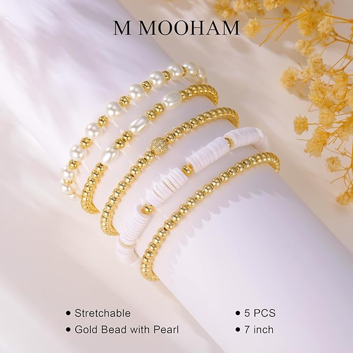 M MOOHAM Gold Beaded Bracelets for Women - 14k Real Gold Plated Beaded Pearl Bracelet Set Stack for Women Trendy Non Tarnisn, Adjustable Stretch Bracelet Jewelry Gifts for Teen Girls Women