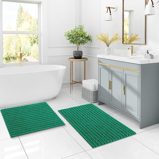 Arotive Luxury Chenille Bathroom Rug Mat, Extra Soft Thick Absorbent Shaggy Bath Rugs, Non-Slip Machine Wash Dry, Plush Bath Mats for Bathroom, Shower and Tub, 47x24, Emerald