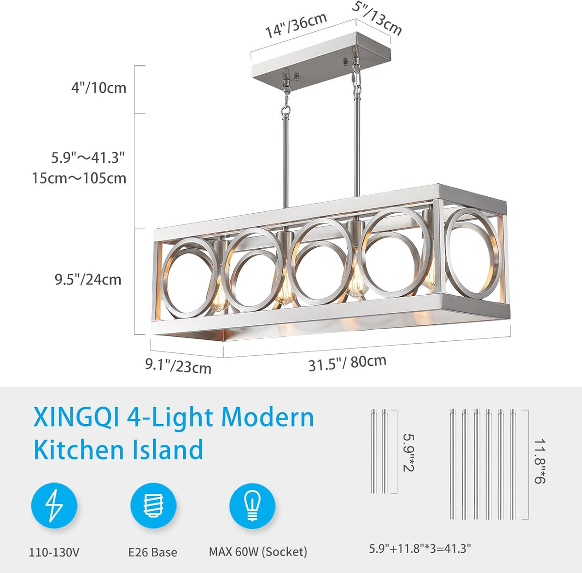 XINGQI Linear Chandelier Brushed Nickel Kitchen Island Light Fixtures 31.5" Rectangle Dining Room Chandeliers, Farmhouse Hanging Large 4-Light Rustic Metal Living Room Office Pendant Lighting