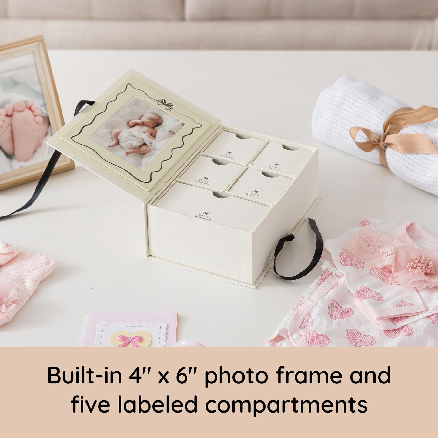 Soul & Lane Baby Keepsake Box with 5 Compartments, Baby Memory Box with Photo Frame, Newborn Storage Organizer for Girl and Boy, Memory Keeper for New Parents