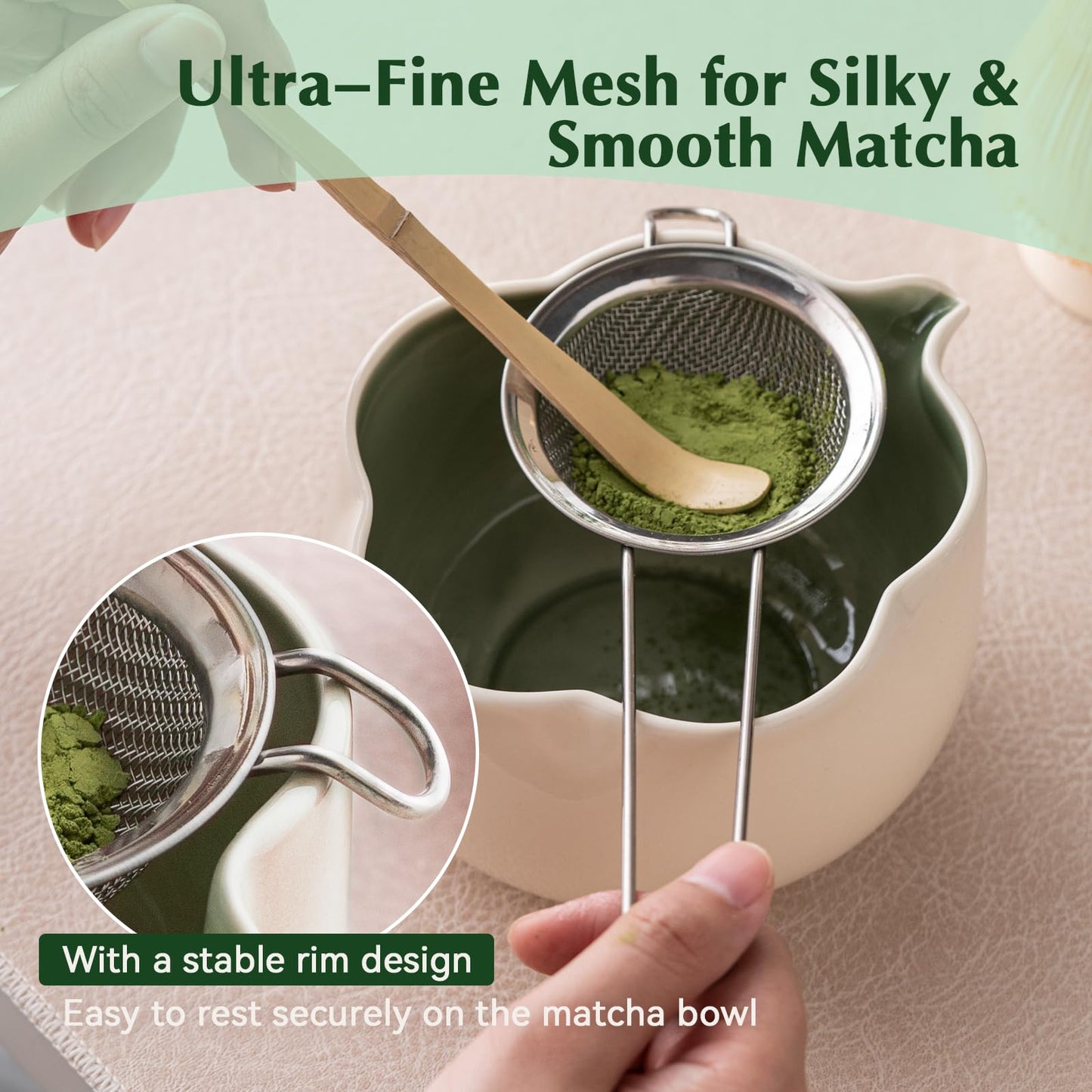 ChaseWind Matcha Set, 8Pcs Floral Ceramic Matcha Kit with Matcha Whisk, Holder, Scoop, Scoop Rest, Sifter, Spoon and Tea Towel - Thoughtful Matcha Whisk Set Gift for Matcha Lovers (Beige & Green)
