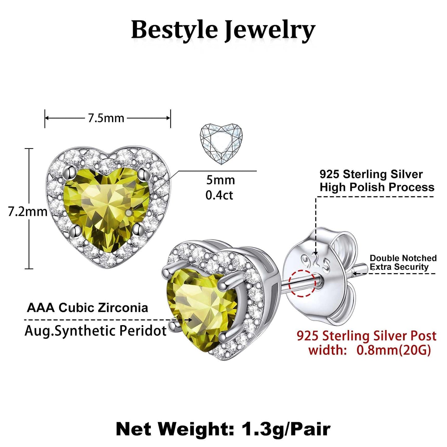 Bestyle 925 Sterling Silver Infinite Birthstone Heart Stud August Peridot Birthstone Earrings, Dainty Love Statement Stud Earrings, Birthday/Valentines/Christmas Gift for Women/