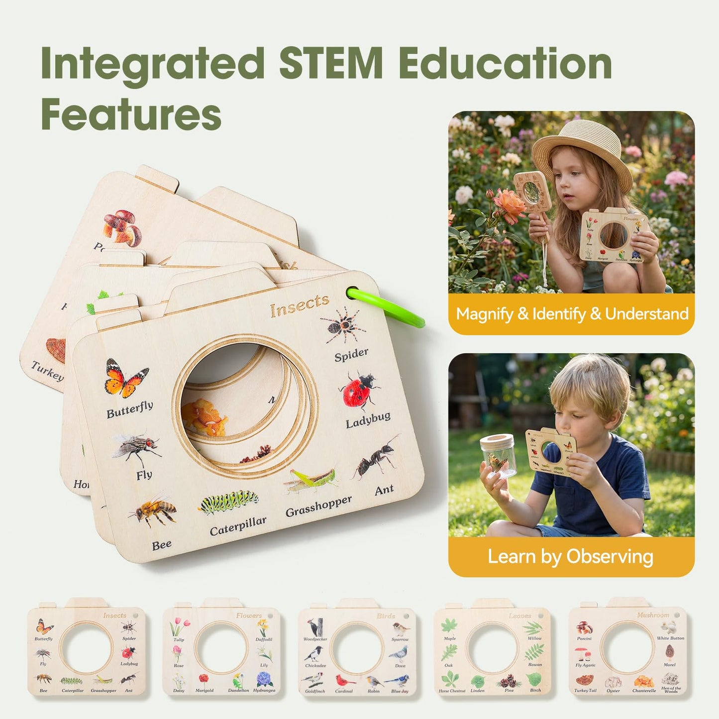 Wooden Bug Catcher Kit for Kids 3-8, 10PCS Durable Outdoor Explorer Kit with Magnifying Glass, Net & STEM Guide, Catch & Release Adventure Set for Backyard & Camping
