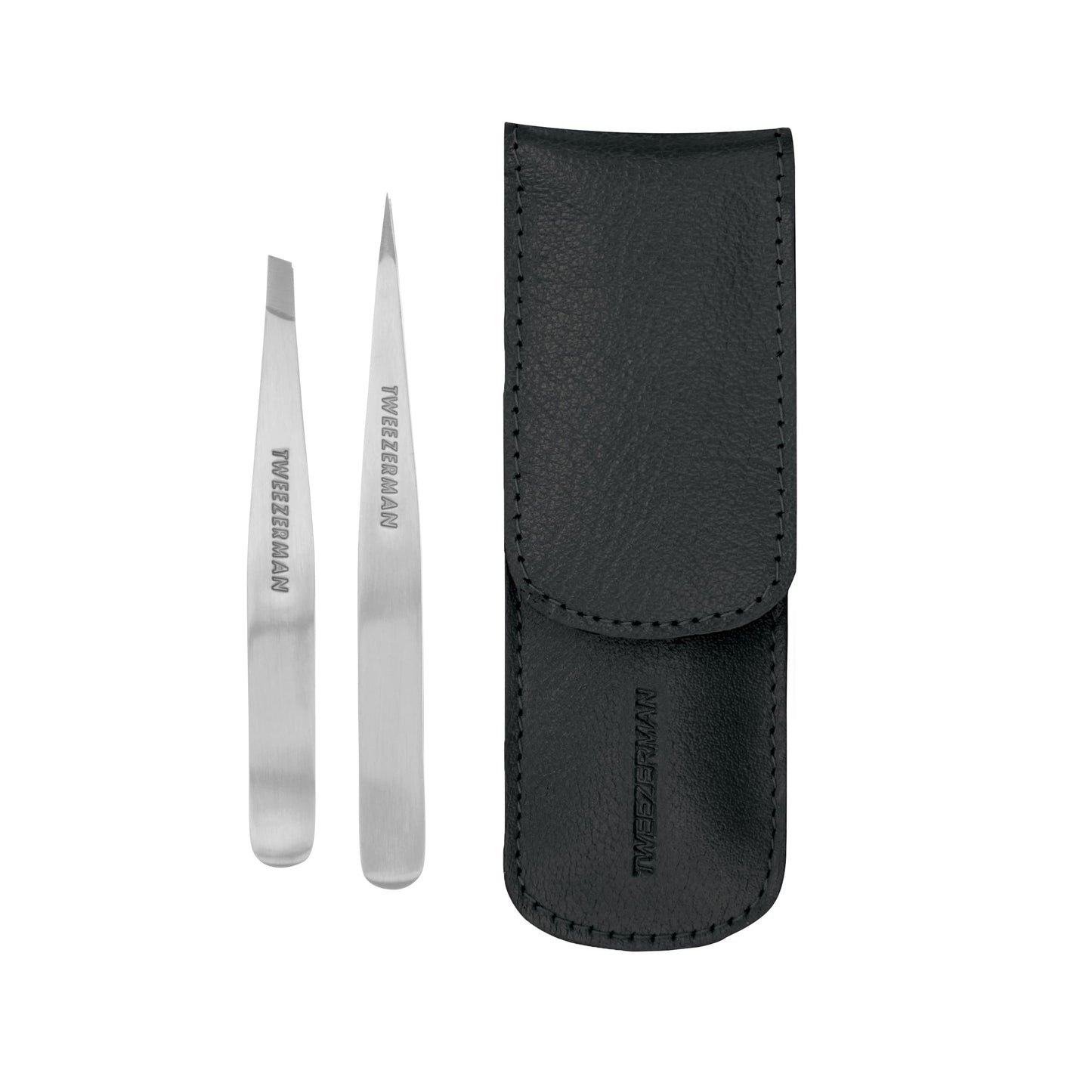 Tweezerman Petite Tweeze Set with Travel Case - Point and Slant Tweezers, Tweezers for Travel (Black Case)