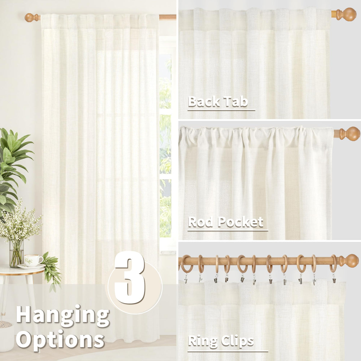 Ivory Linen Semi Sheer Curtains 45 Inch Length 2 Panels Set (2 Count)