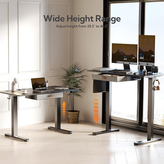 Seang Standing Desk with Drawer, 48" x 24" Height Adjustable Stand Up Desk, 3 Memory Height Settings with Cable Grommets & Storage Hooks, Ideal for Home & Office, Black
