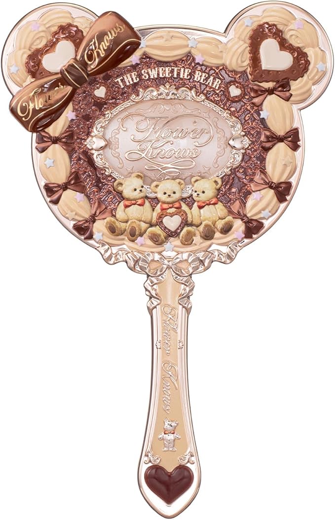 Flower Knows The Sweetie Bear Hand Mirror,Vintage Portable Handheld Mirror,Fancy & Pretty Princess Mirror with Long Handle,Gift for Girls(Carmal Brown)