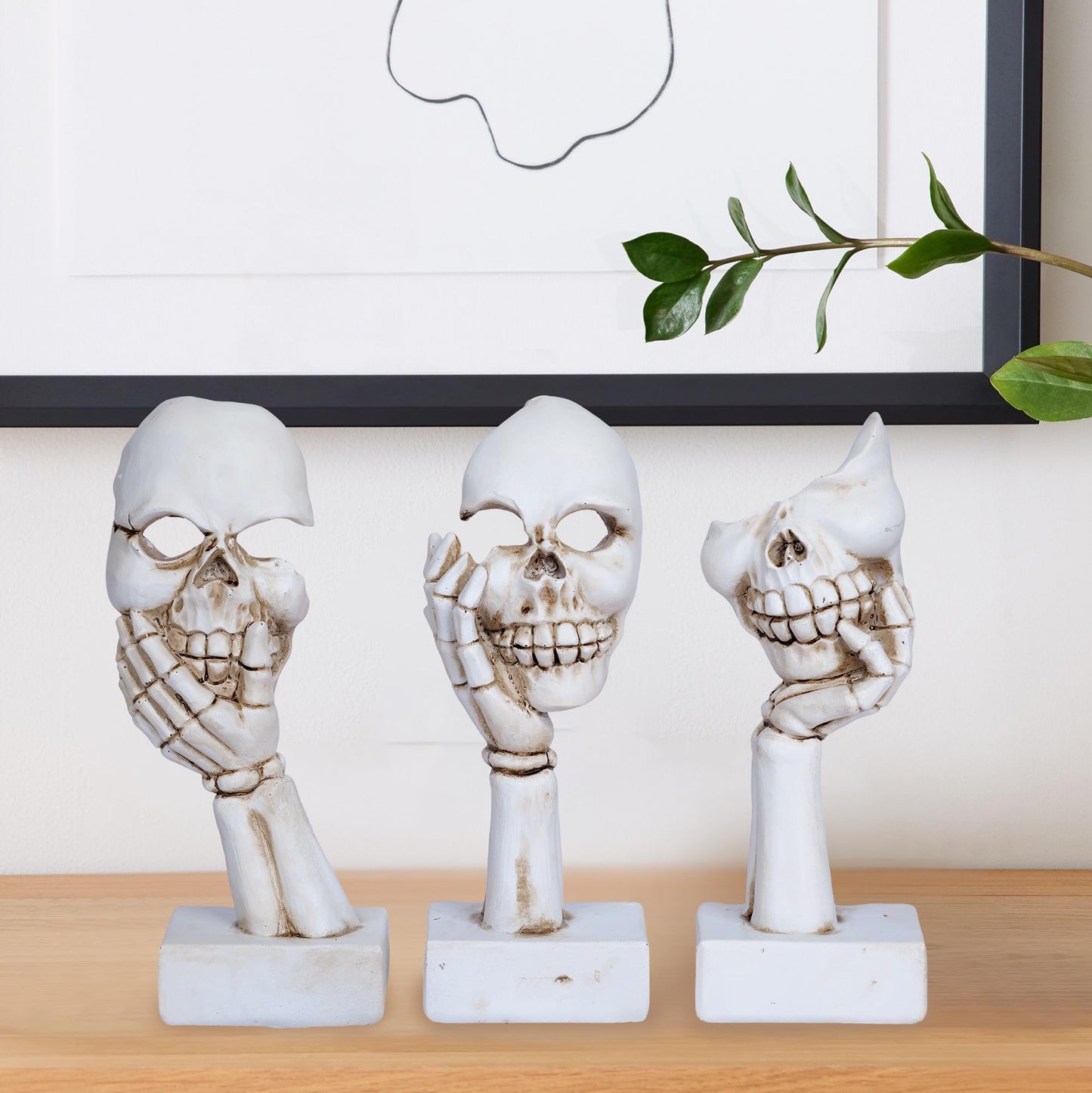 3 Pieces Face Halloween Skeleton Statue Mask Halloween Skull Figurine Home Decor 6.5”Funny Skeleton Collectible Figurines Gothic Desk Ornaments for Indoor Living room Office Table Shelf Bookshelf